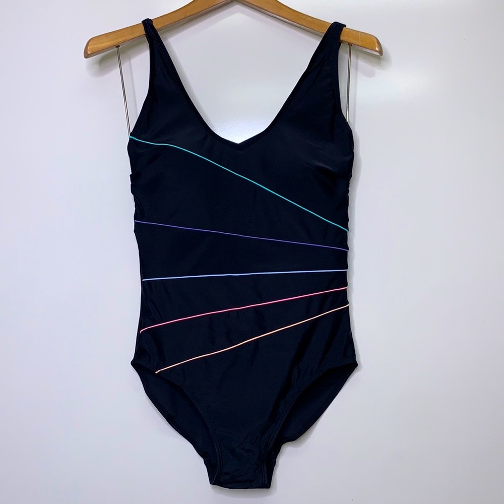 NWT MISS ADOLA Black Rainbow Stripe One Piece Swim